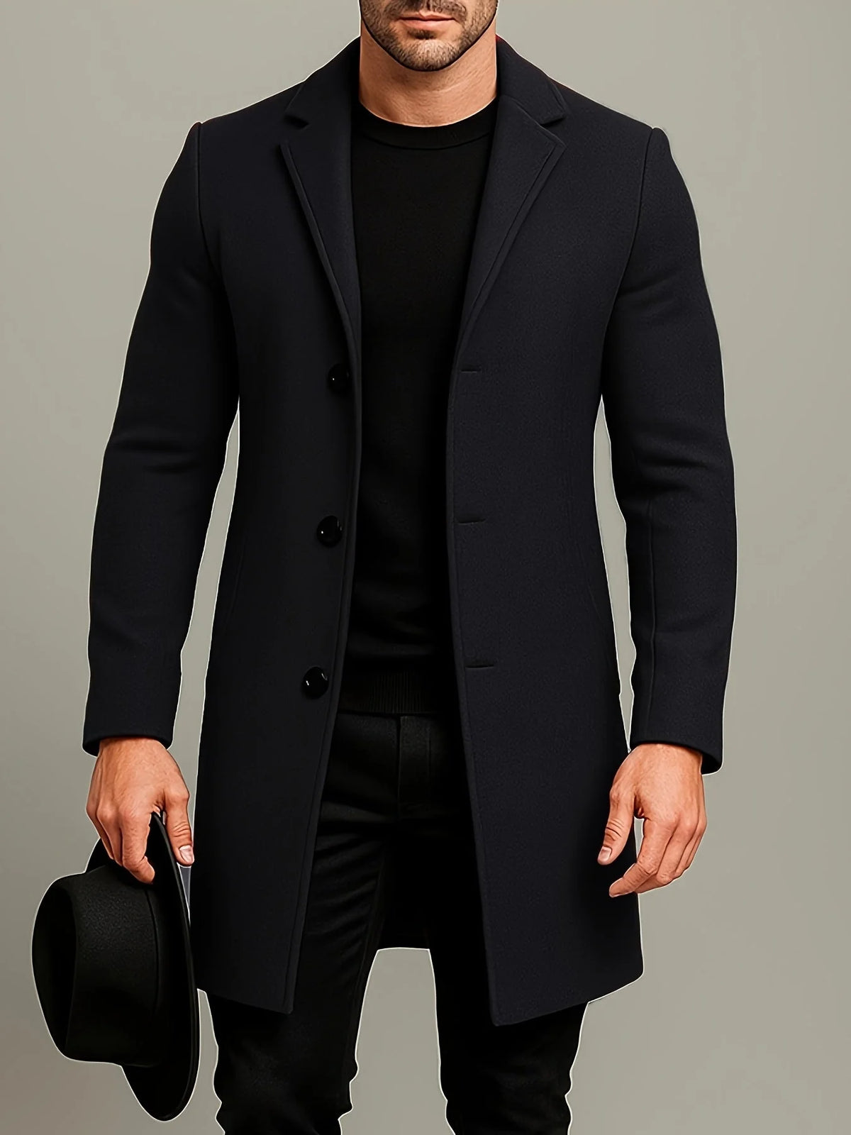 Men’s Overcoat Mid-Length Cotton Lined Button-Front