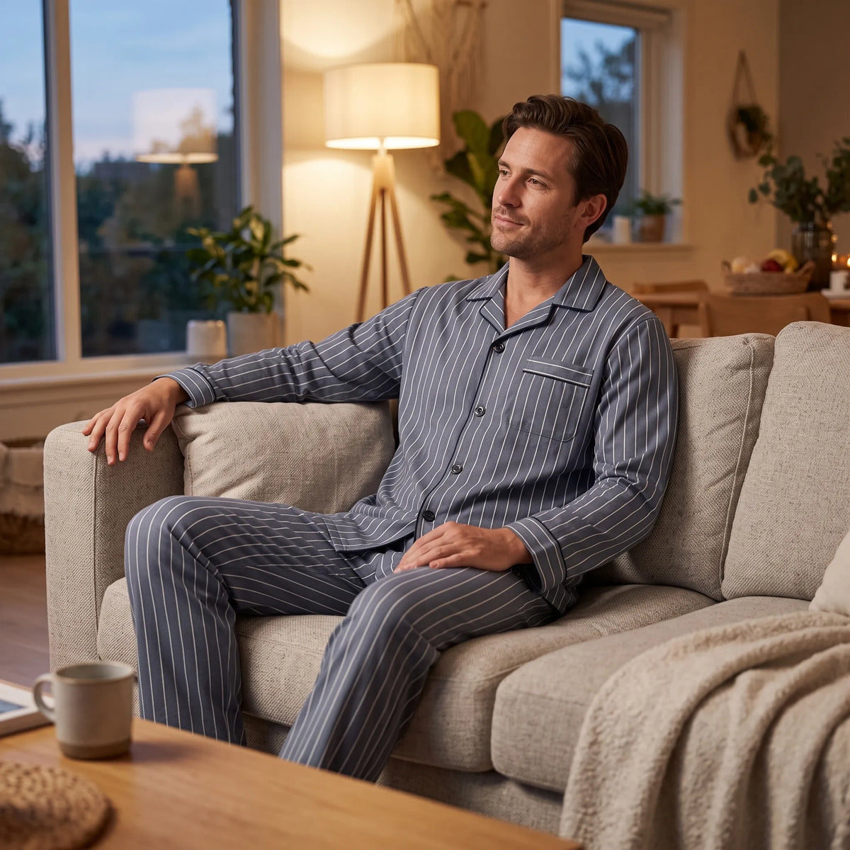 Men’s Pajama Set Soft Breathable Relaxed Fit Button-Front Shirt & Long Pants