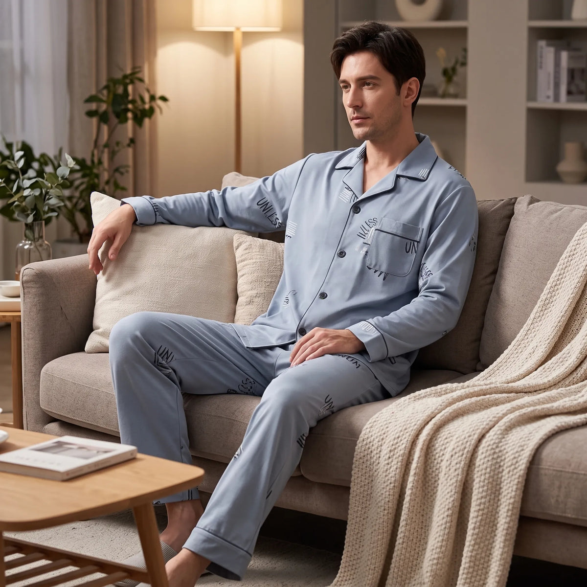 Men’s Pajama Set Soft Breathable Relaxed Fit Button-Front Shirt & Long Pants