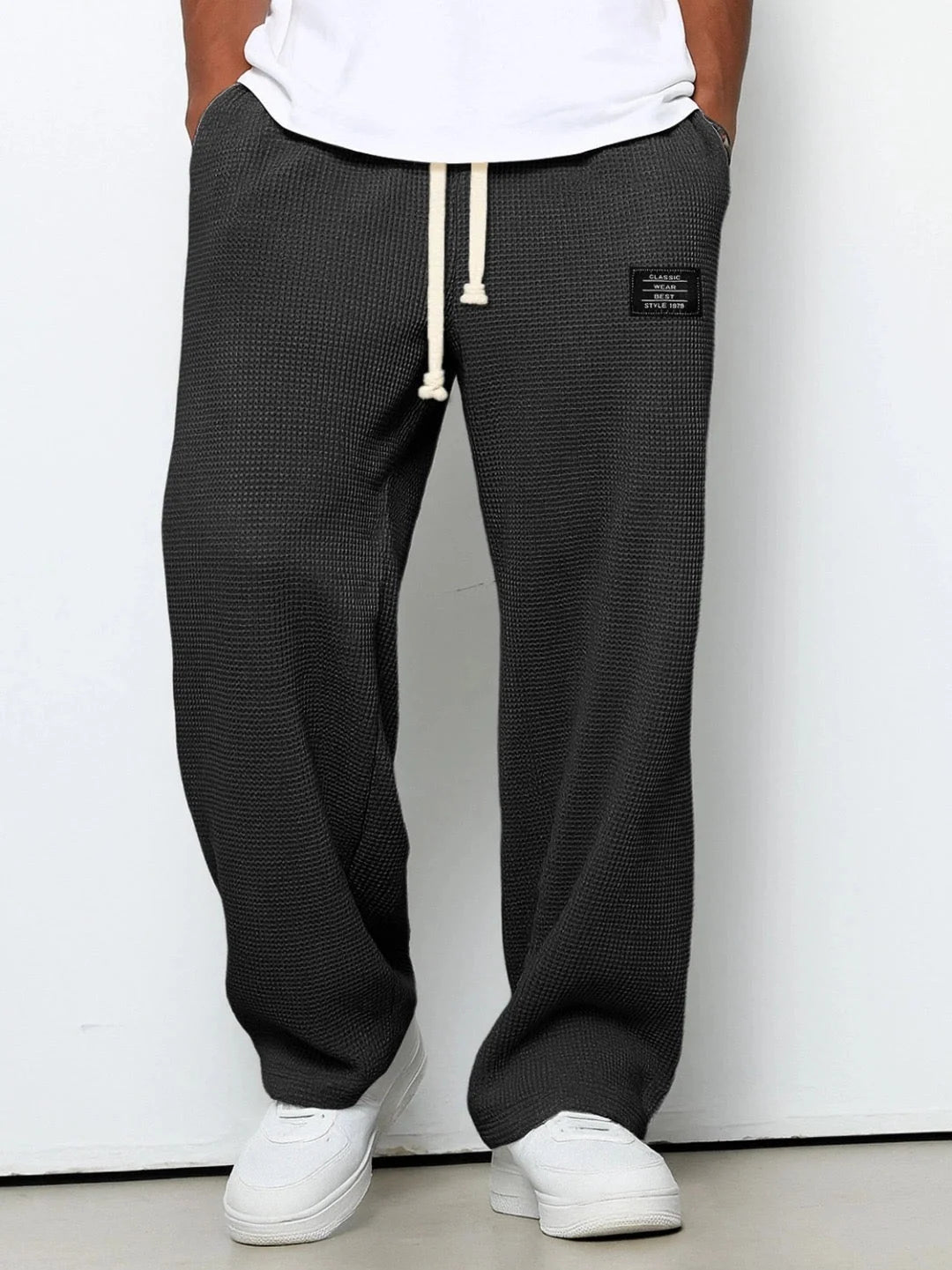 Men’s Pants Waffle-Knit Wide-Leg Elastic Drawstring Waist