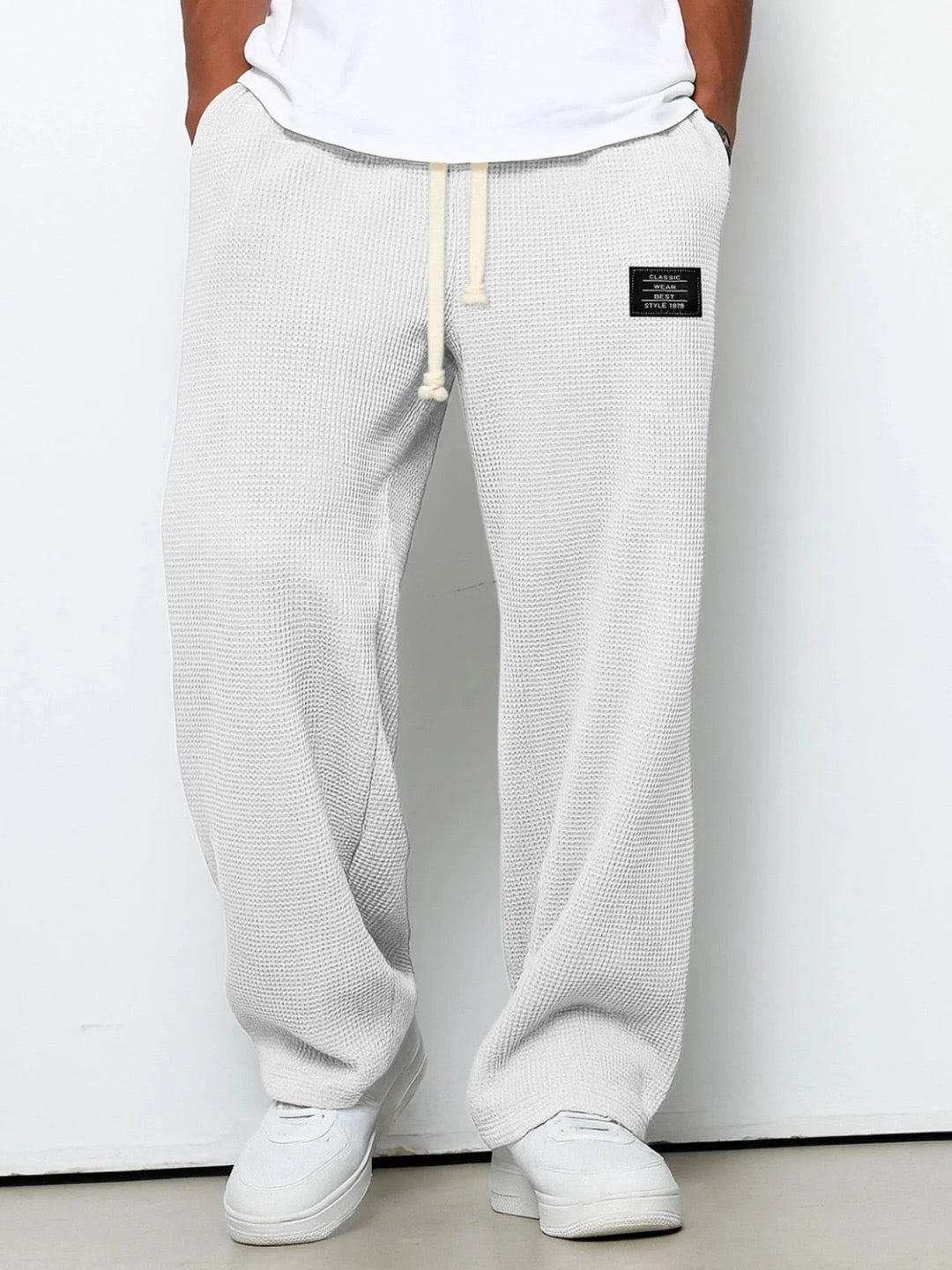 Men’s Pants Waffle-Knit Wide-Leg Elastic Drawstring Waist