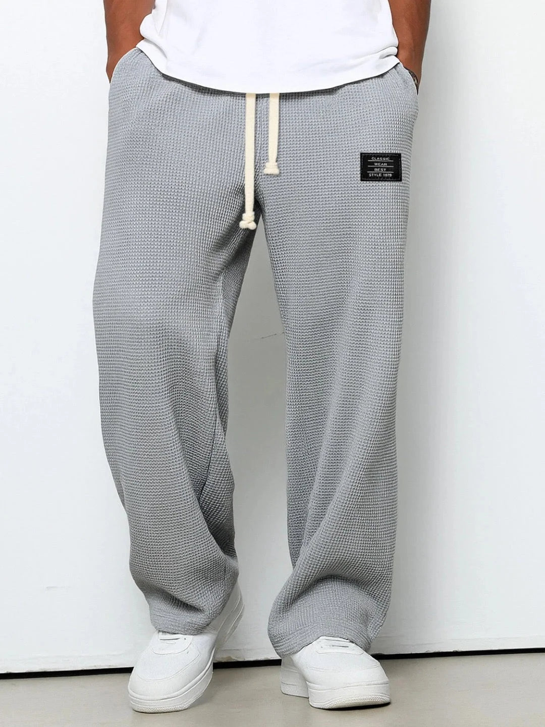 Men’s Pants Waffle-Knit Wide-Leg Elastic Drawstring Waist