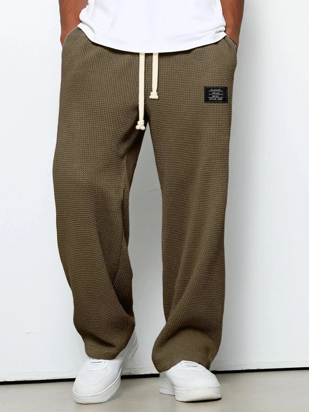 Men’s Pants Waffle-Knit Wide-Leg Elastic Drawstring Waist