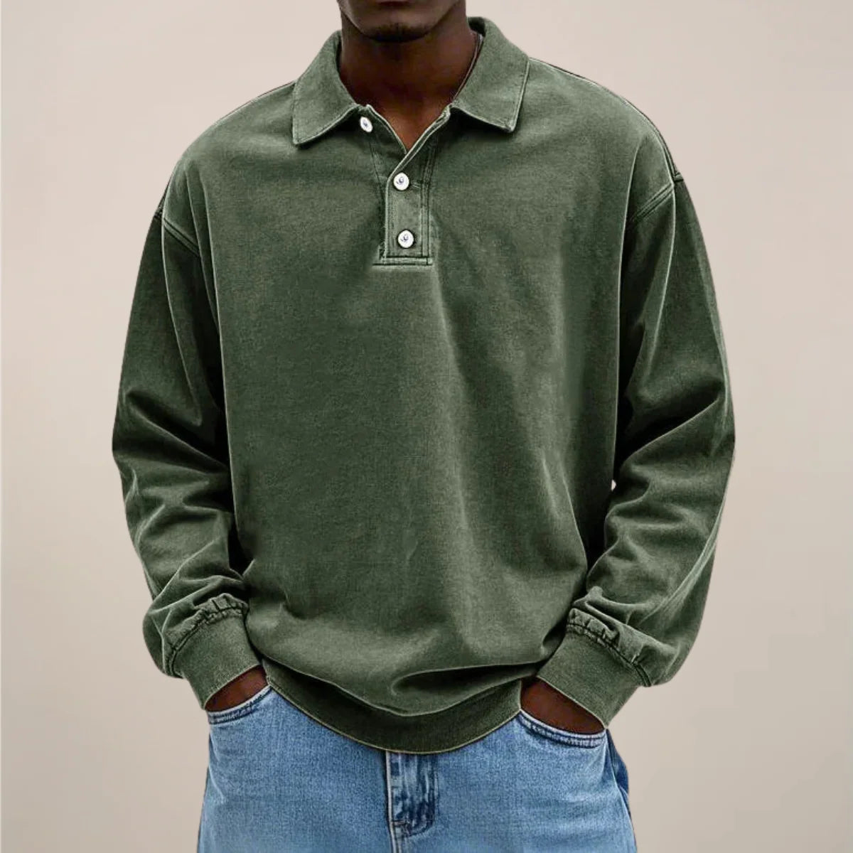 Men’s Polo Shirt Long Sleeve Relaxed Fit Button Placket