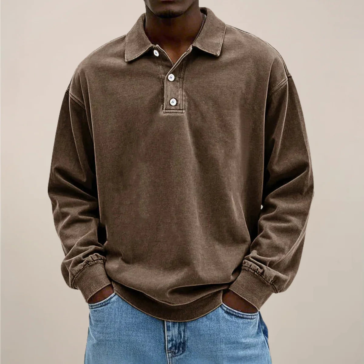 Men’s Polo Shirt Long Sleeve Relaxed Fit Button Placket