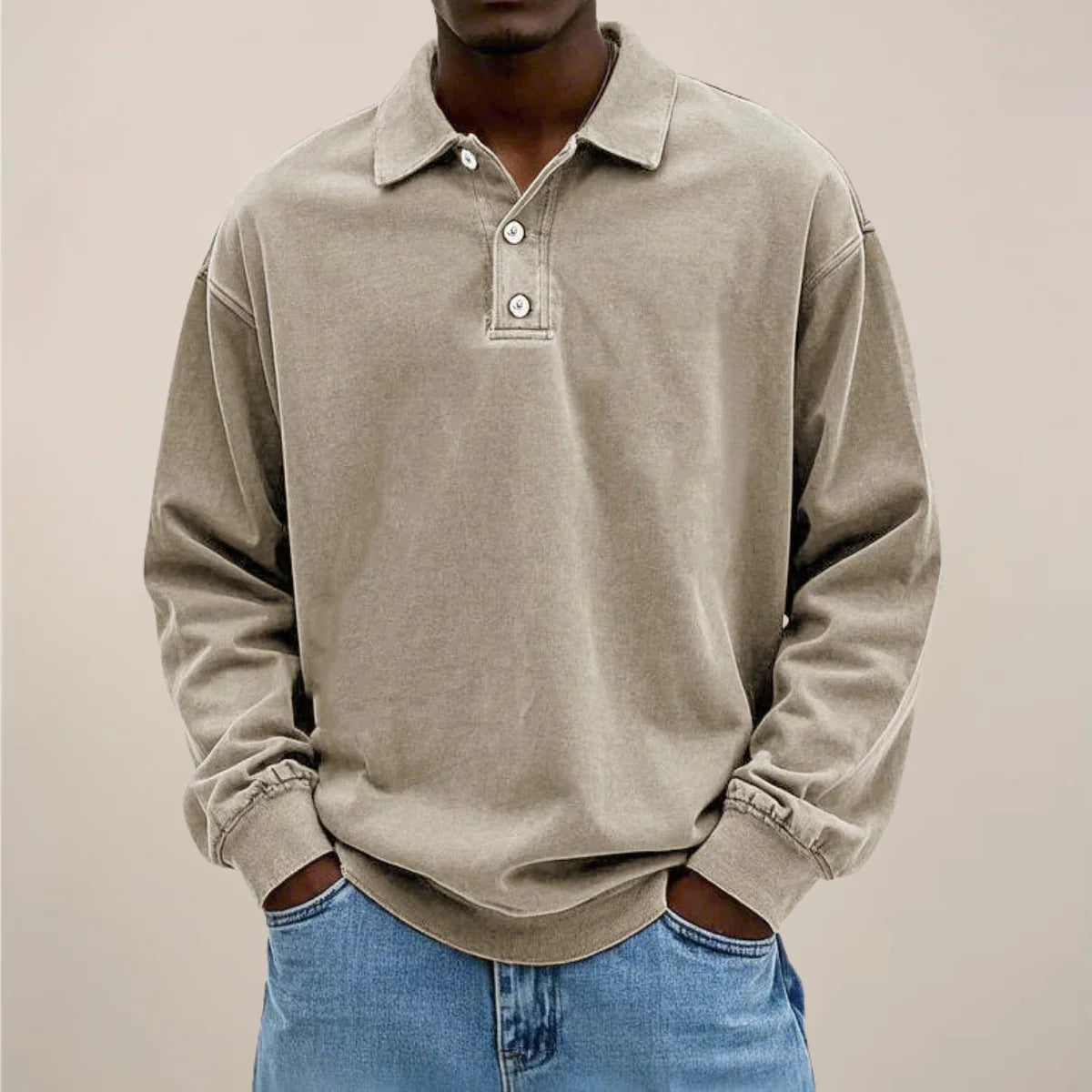 Men’s Polo Shirt Long Sleeve Relaxed Fit Button Placket