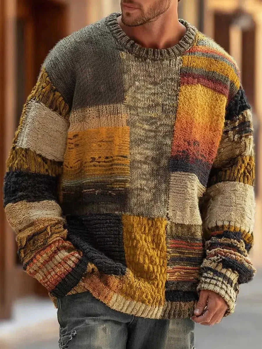 Men’s Sweater Chunky Knit Multicolor Patchwork Relaxed Fit