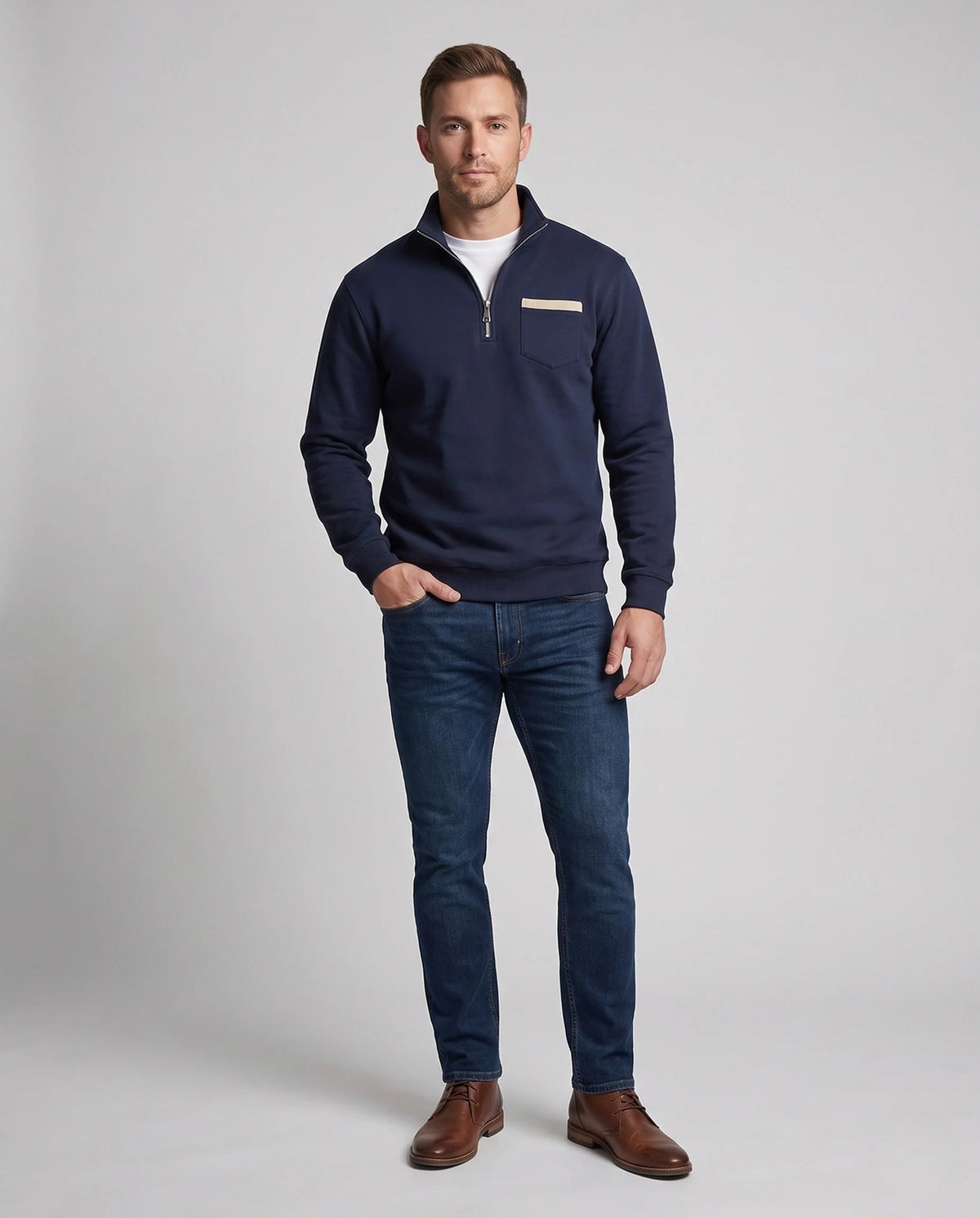 Men’s Sweatshirt Half-Zip Cotton Blend Chest Pocket & Ribbed Cuffs