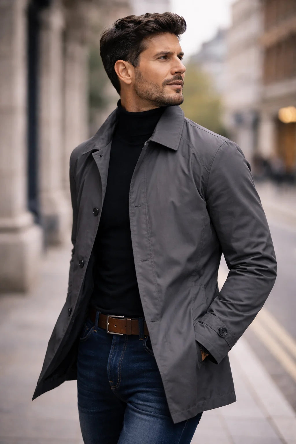 Men’s Trench Coat Mid-Thigh Button Closure Point Collar