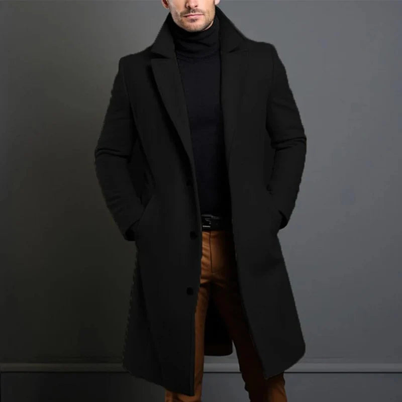 Men’s Wool Overcoat Long Tailored Cut Notched Lapel