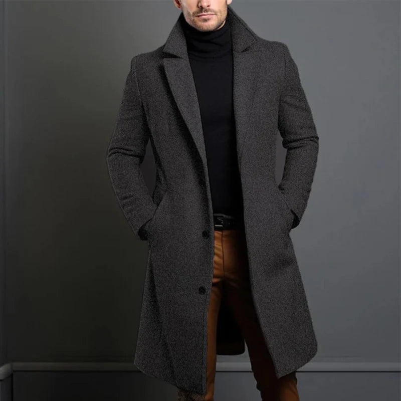 Men’s Wool Overcoat Long Tailored Cut Notched Lapel