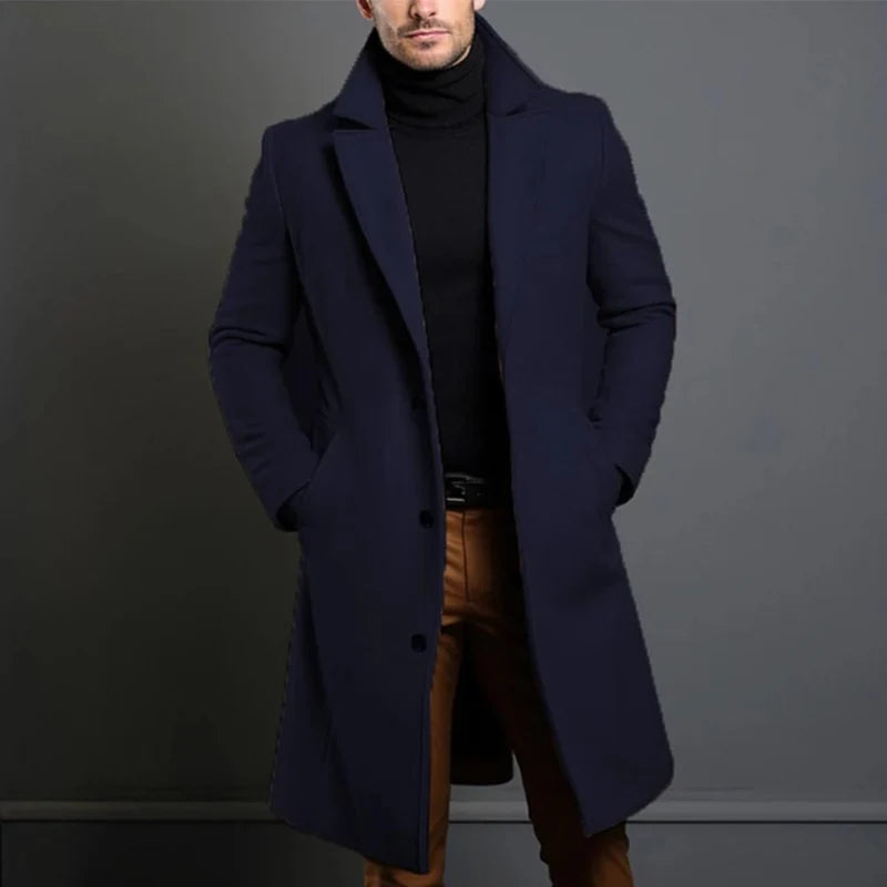 Men’s Wool Overcoat Long Tailored Cut Notched Lapel