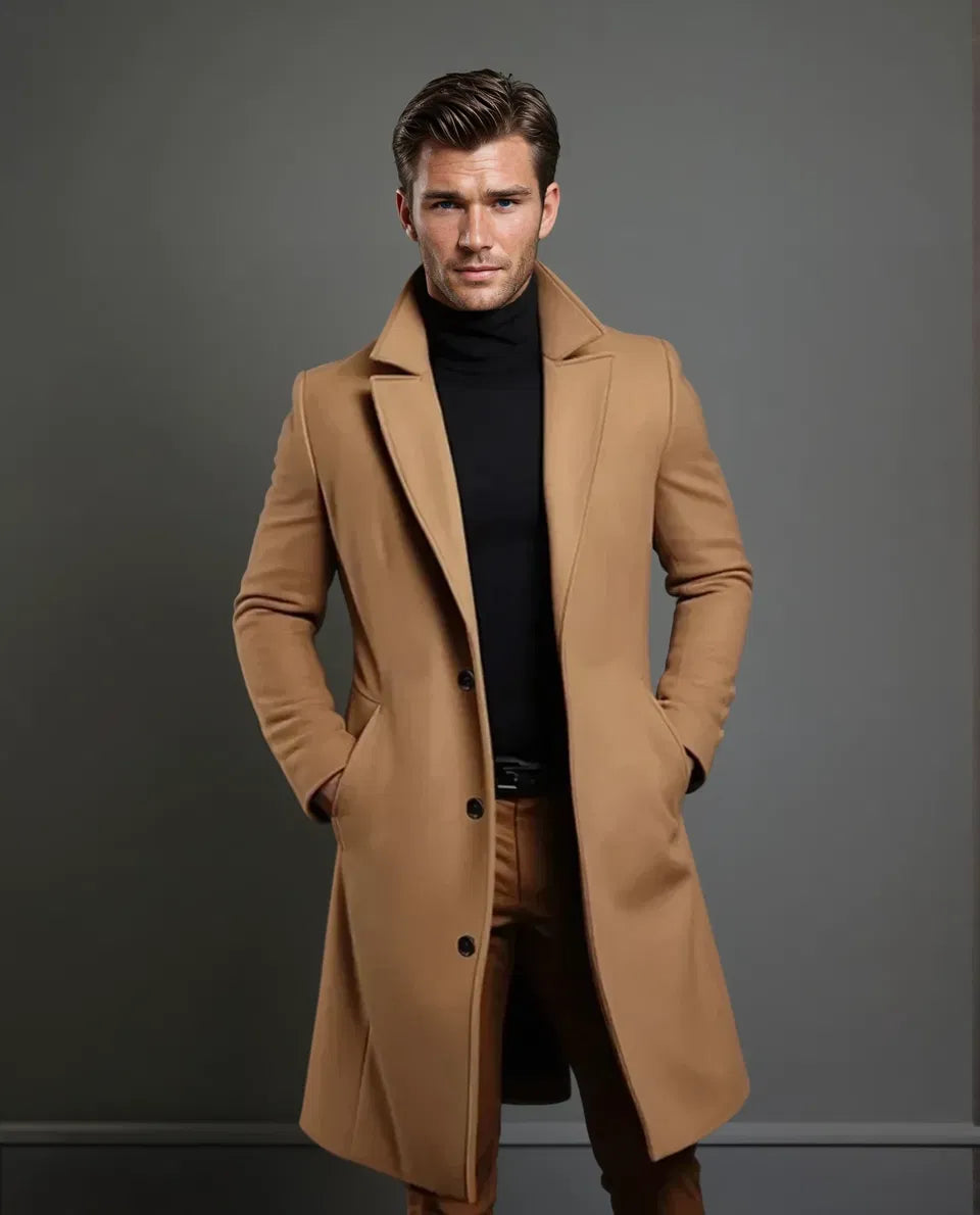 Men’s Wool Overcoat Long Tailored Cut Notched Lapel