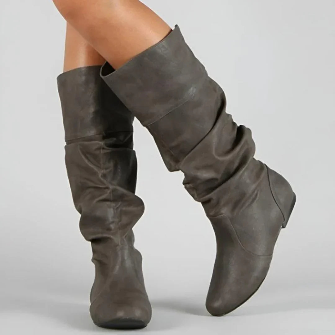 Mid-Calf Boots Leather Slip-On Flat Sole