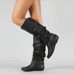 Mid-Calf Boots Leather Upper Pull-On Design Flat Sole