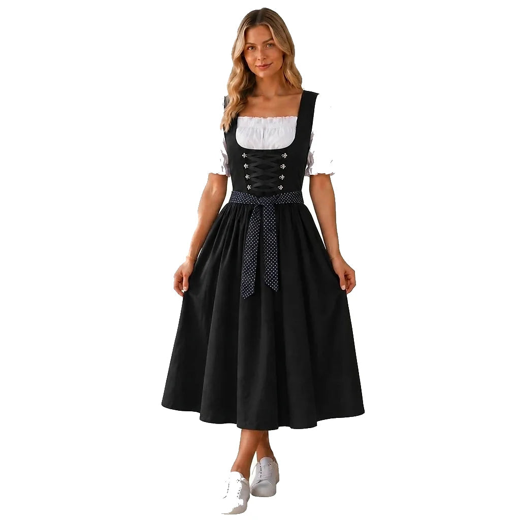 Midi Dirndl Front-Laced Bodice Short Puff Sleeves