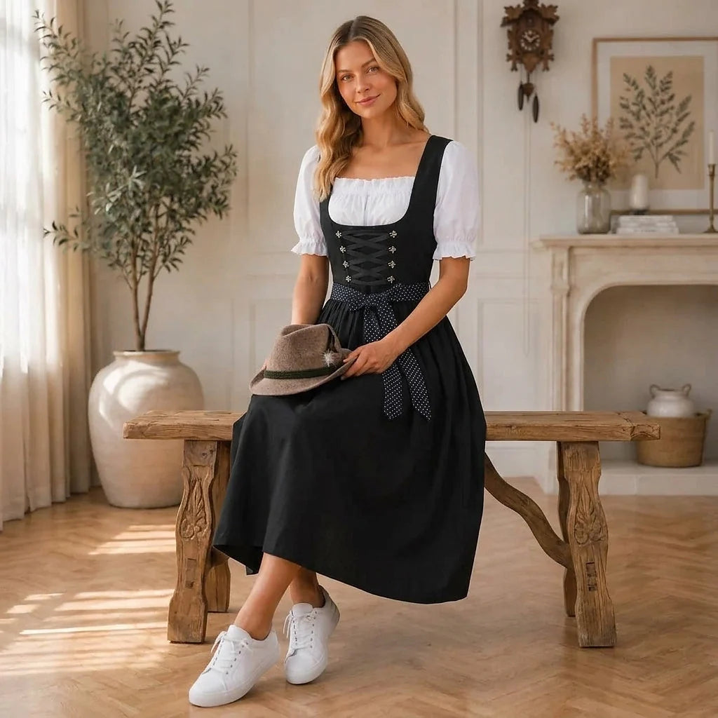 Midi Dirndl Front-Laced Bodice Short Puff Sleeves