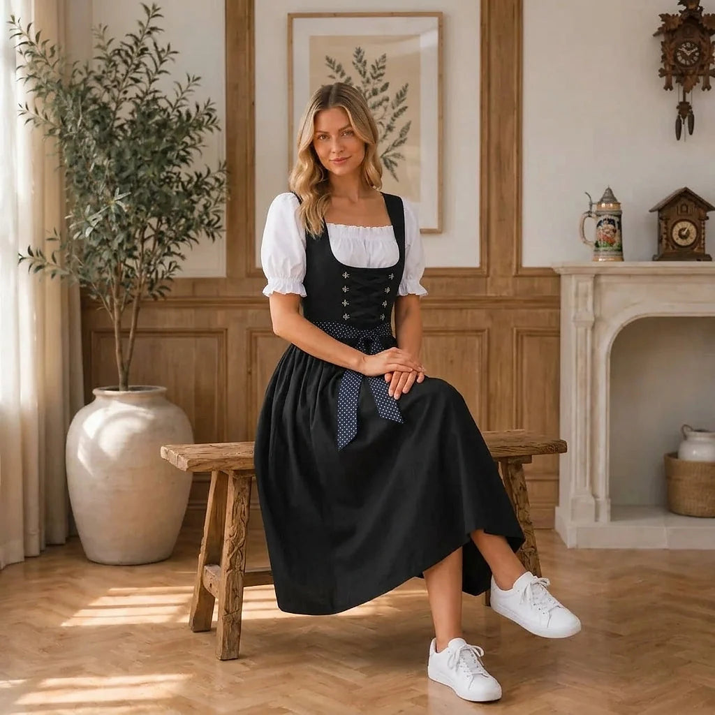 Midi Dirndl Front-Laced Bodice Short Puff Sleeves