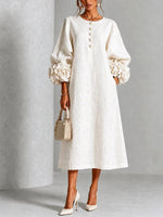 Midi Dress A-Line Floral Cuffs Button Front