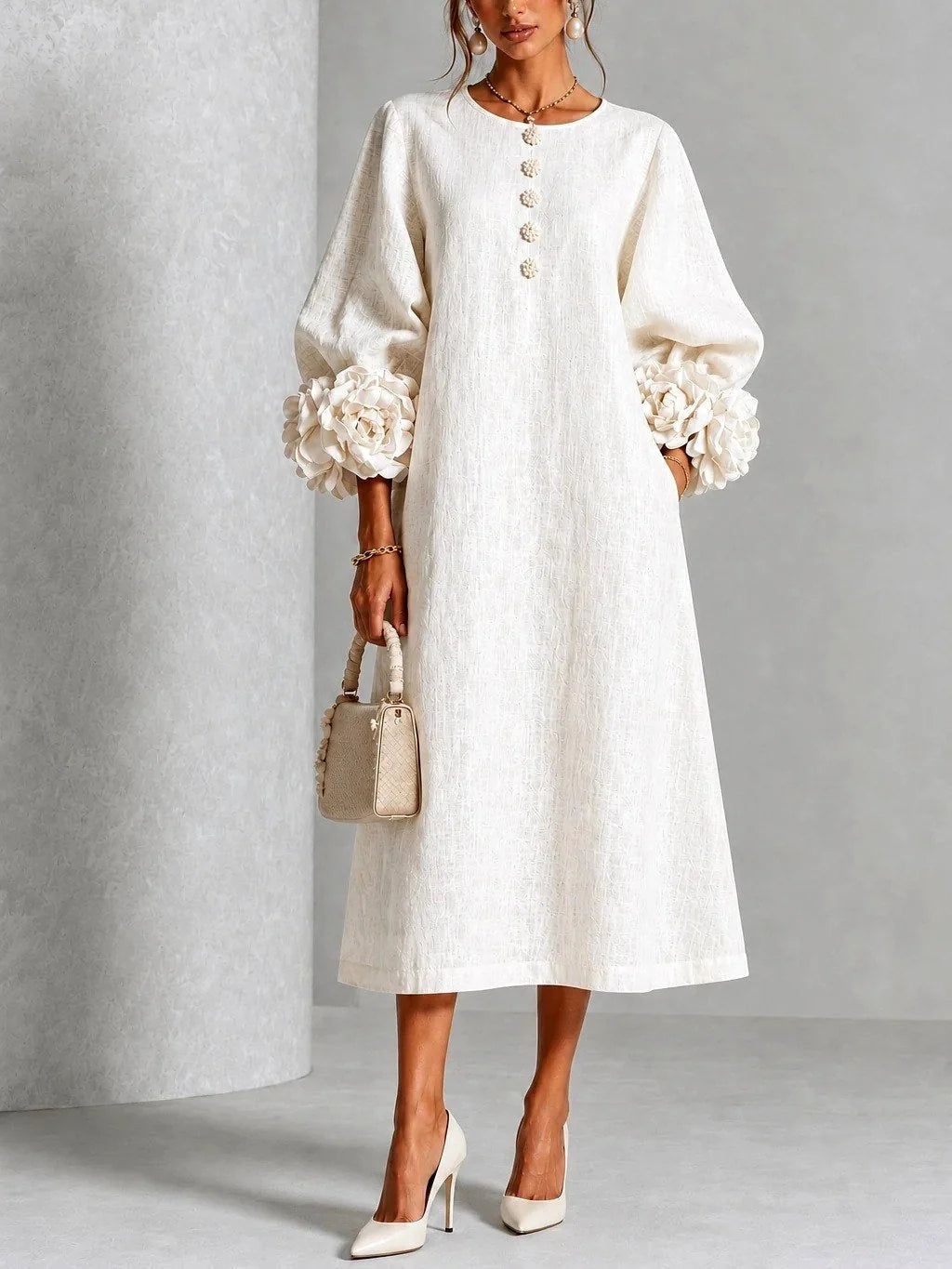 Midi Dress A-Line Floral Cuffs Button Front