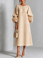 Midi Dress A-Line Floral Cuffs Button Front