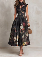 Midi Dress Black Floral Satin Pleated A-Line