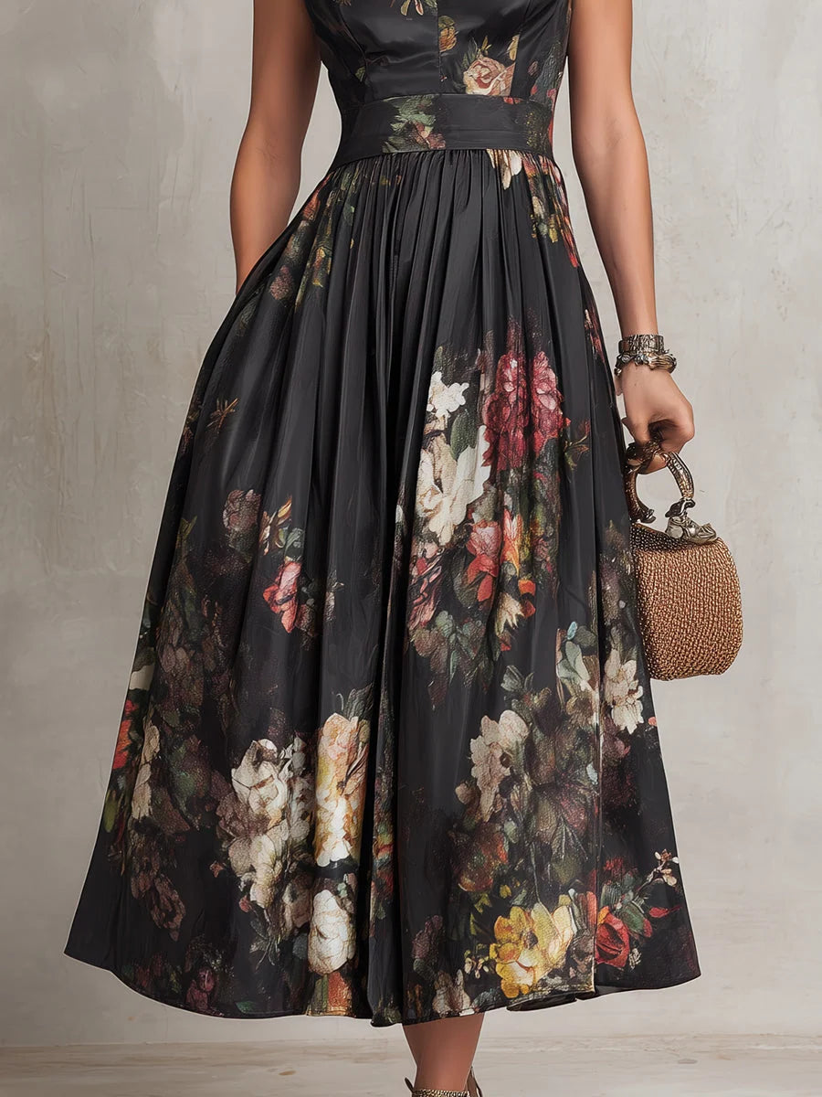 Midi Dress Black Floral Satin Pleated A-Line