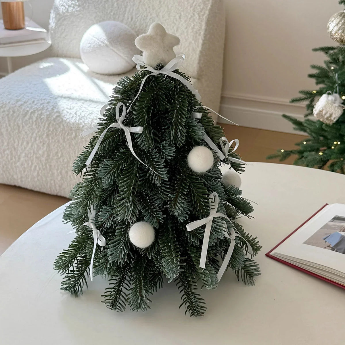 Mini Christmas Tree Lifelike Artificial Red Ribbons & Pom-Poms