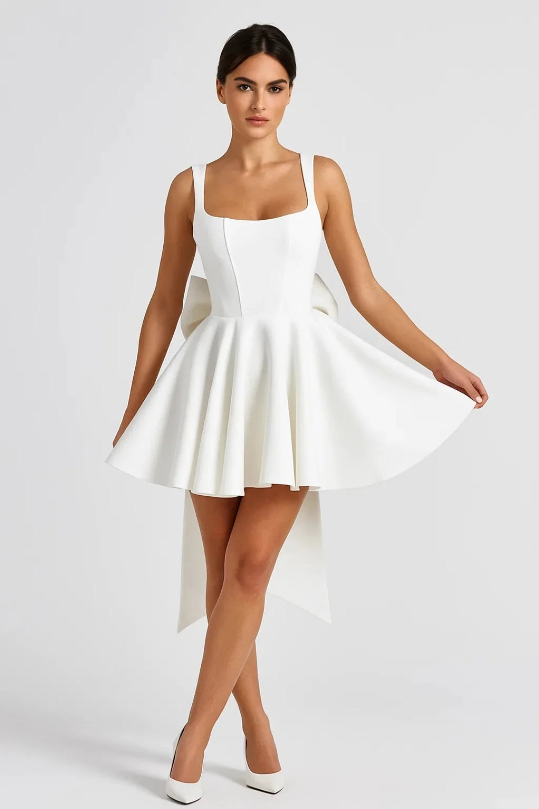 Mini Dress Bustier Bodice Flared Skirt Back Bow Detail