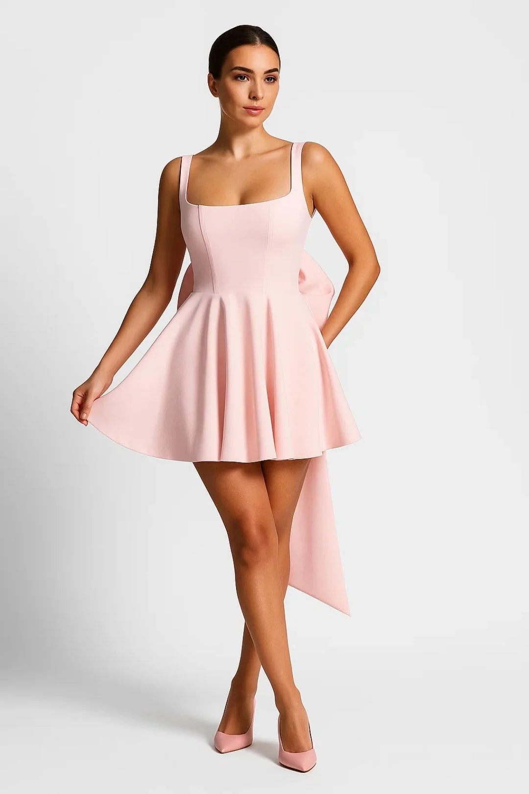 Mini Dress Bustier Bodice Flared Skirt Back Bow Detail