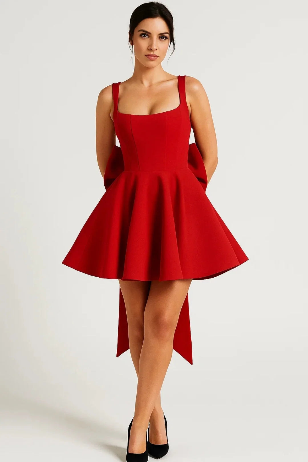 Mini Dress Bustier Bodice Flared Skirt Back Bow Detail