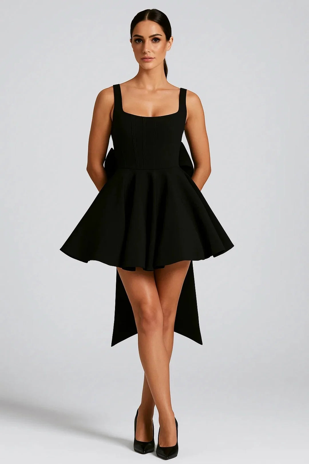 Mini Dress Bustier Bodice Flared Skirt Back Bow Detail
