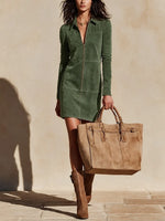 Mini Dress Faux Suede Half-Zip Long Sleeve