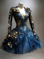 Mini Dress Gothic Bone Appliqué Long Sleeve Tiered Skirt