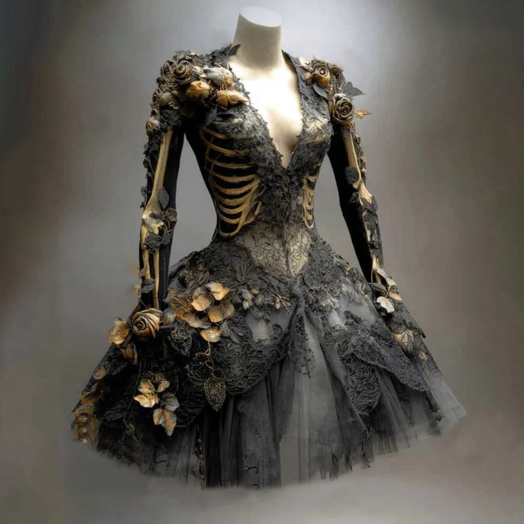 Mini Dress Gothic Skeleton Appliqué Long Sleeve