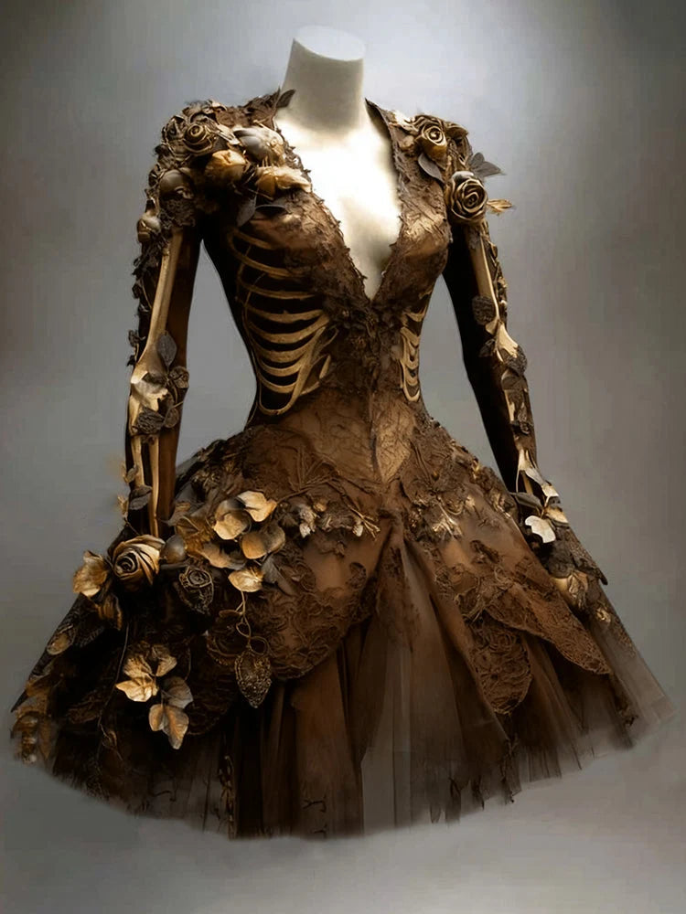 Mini Dress Gothic Skeleton Appliqué Long Sleeve