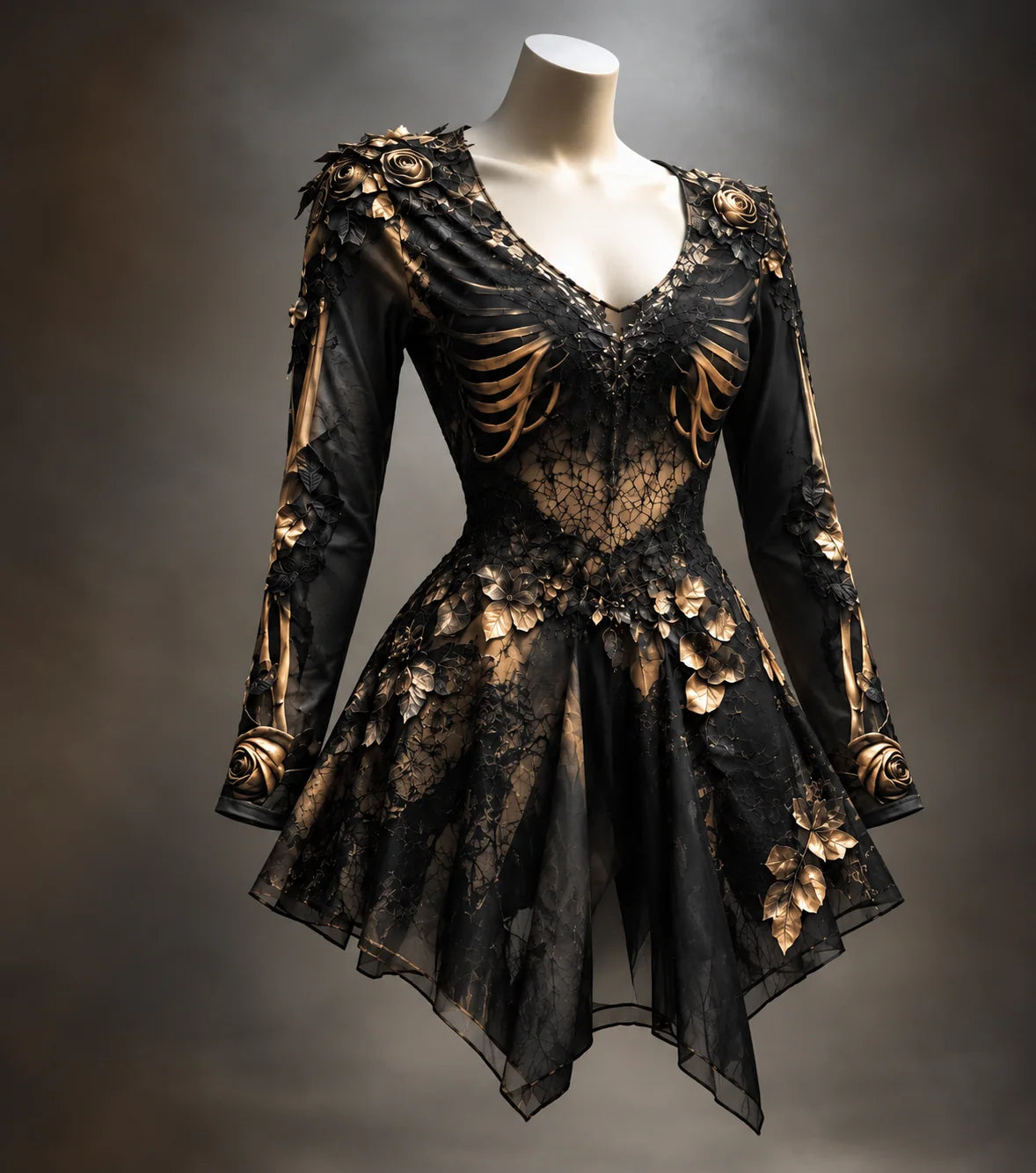 Mini Dress Gothic V-Neck Bone Appliqués Floral Accents