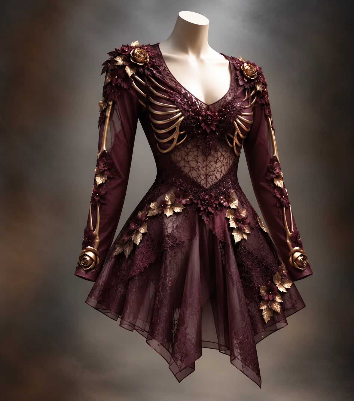 Mini Dress Gothic V-Neck Bone Appliqués Floral Accents