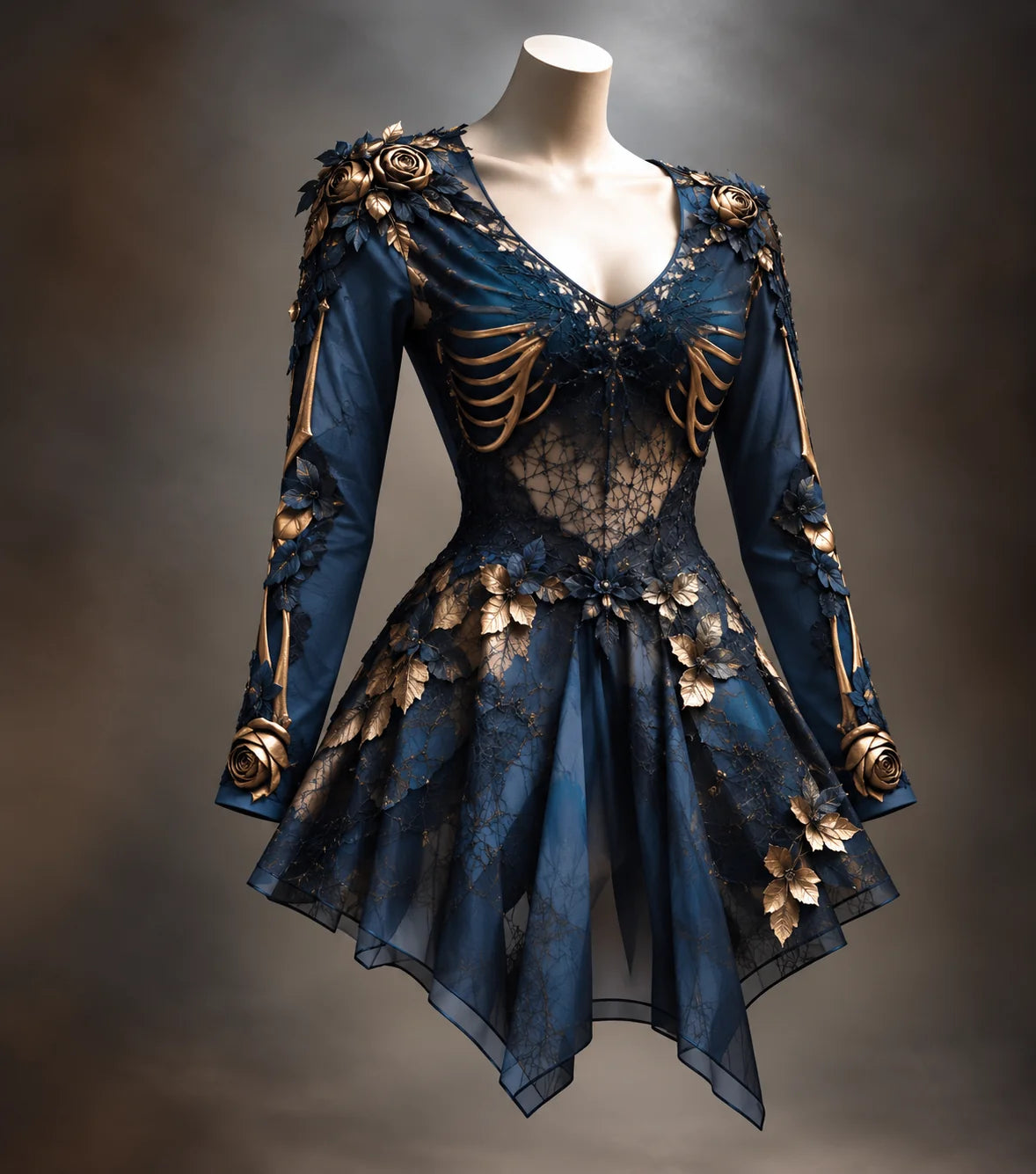 Mini Dress Gothic V-Neck Bone Appliqués Floral Accents