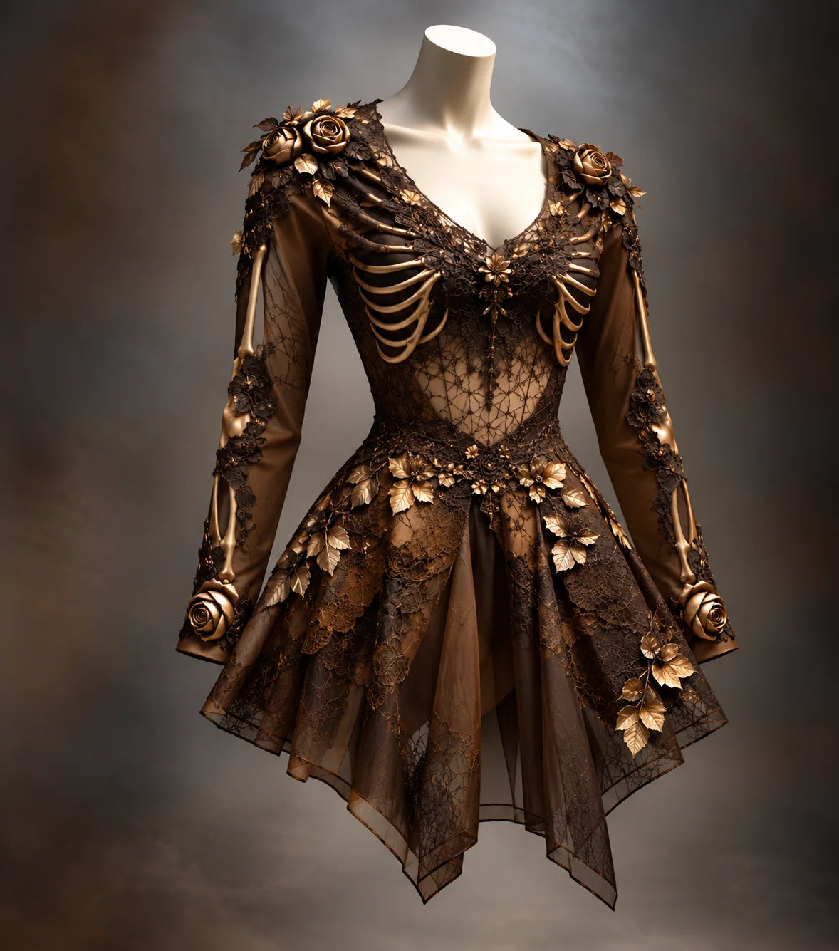 Mini Dress Long Sleeve V-Neck Bone Appliqué & 3D Florals