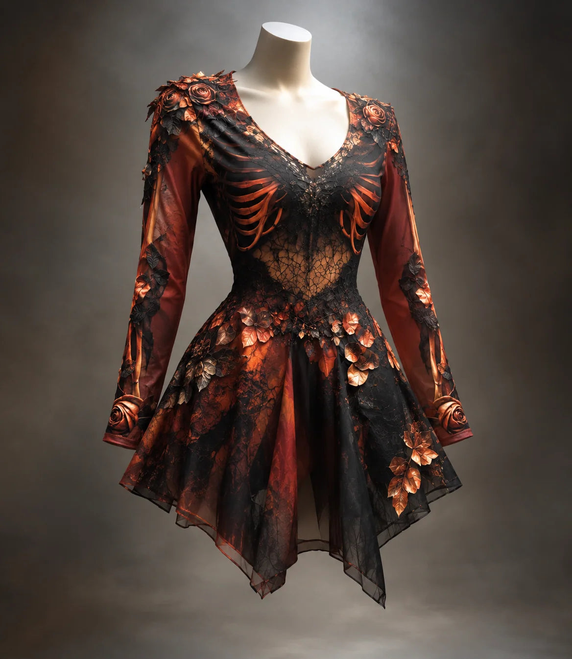 Mini Dress Long Sleeve V-Neck Bone Appliqué & 3D Florals