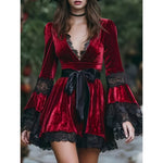 Mini Dress Red Velvet Effect V-Neck Lace Trim