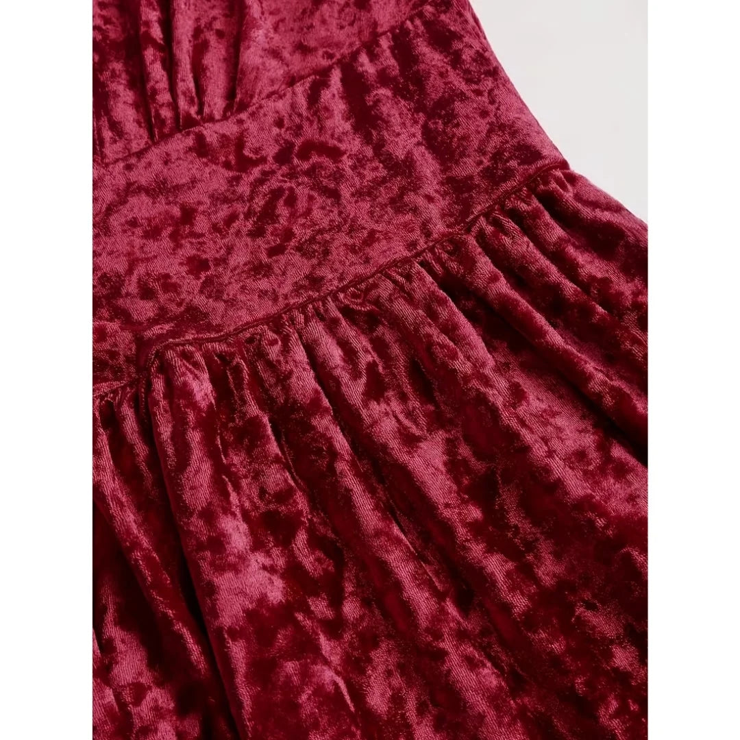 Mini Dress Red Velvet Effect V-Neck Lace Trim