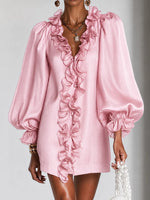 Mini Dress Ruffled Puff Sleeves Subtle Shimmer