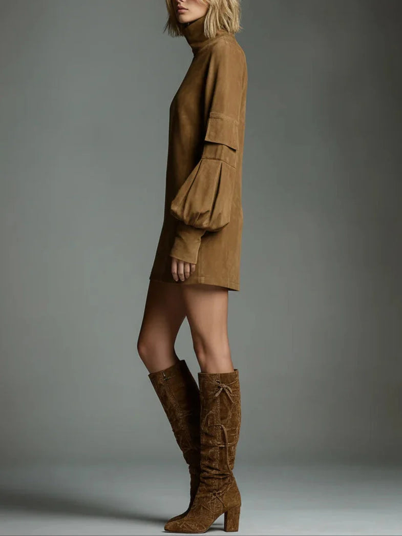 Mini Dress Suede Turtleneck Loose Fit