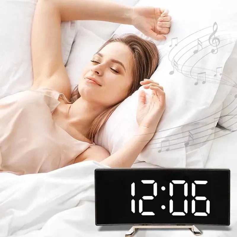 Mirror Alarm Clock Curved Design Silent LED Display