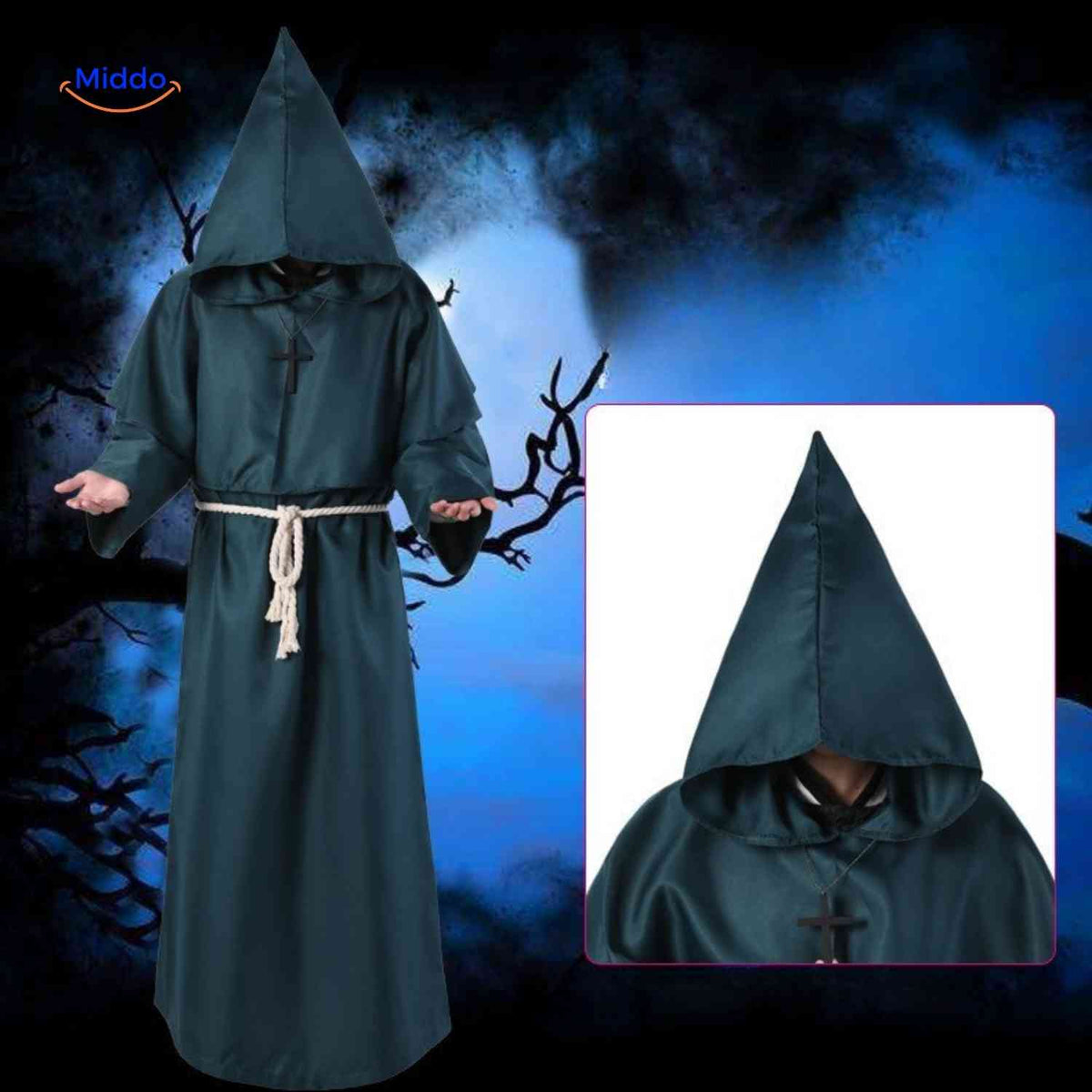 Monk Costume Hooded Floor-Length Robe with Rope Belt