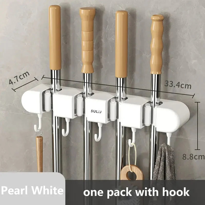 Mop and Broom Holder Wall-Mounted with Hooks