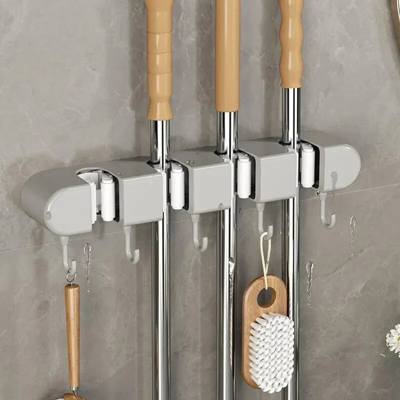 Mop and Broom Holder Wall-Mounted with Hooks