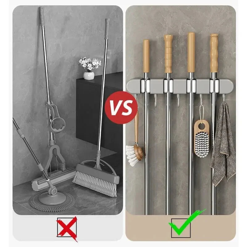 Mop and Broom Holder Wall-Mounted with Hooks